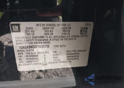 2015 Chevrolet Tahoe Lt из США, поврежденный, VIN 1GNSKBKC6FR226755